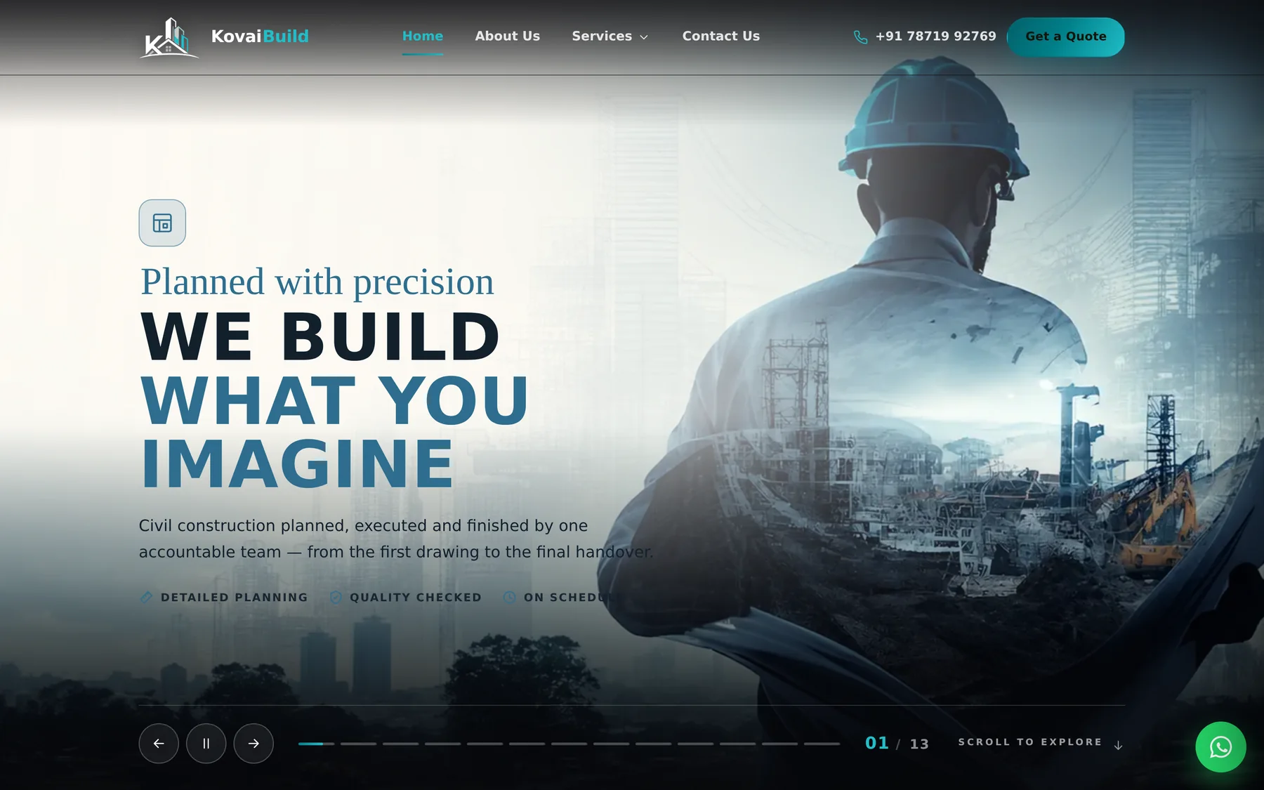 The KovaiBuild homepage: a full-width hero photograph of a construction site overlaid with the headline "We build what you imagine", the KovaiBuild logo and navigation across the top, and a WhatsApp chat button in the corner.
